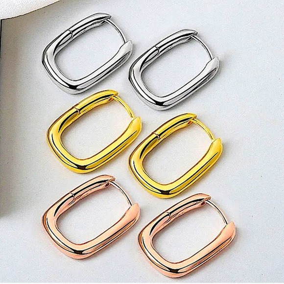 Gold Plated Square Hoop Drop Dangle Earrings - Picture 3 of 4